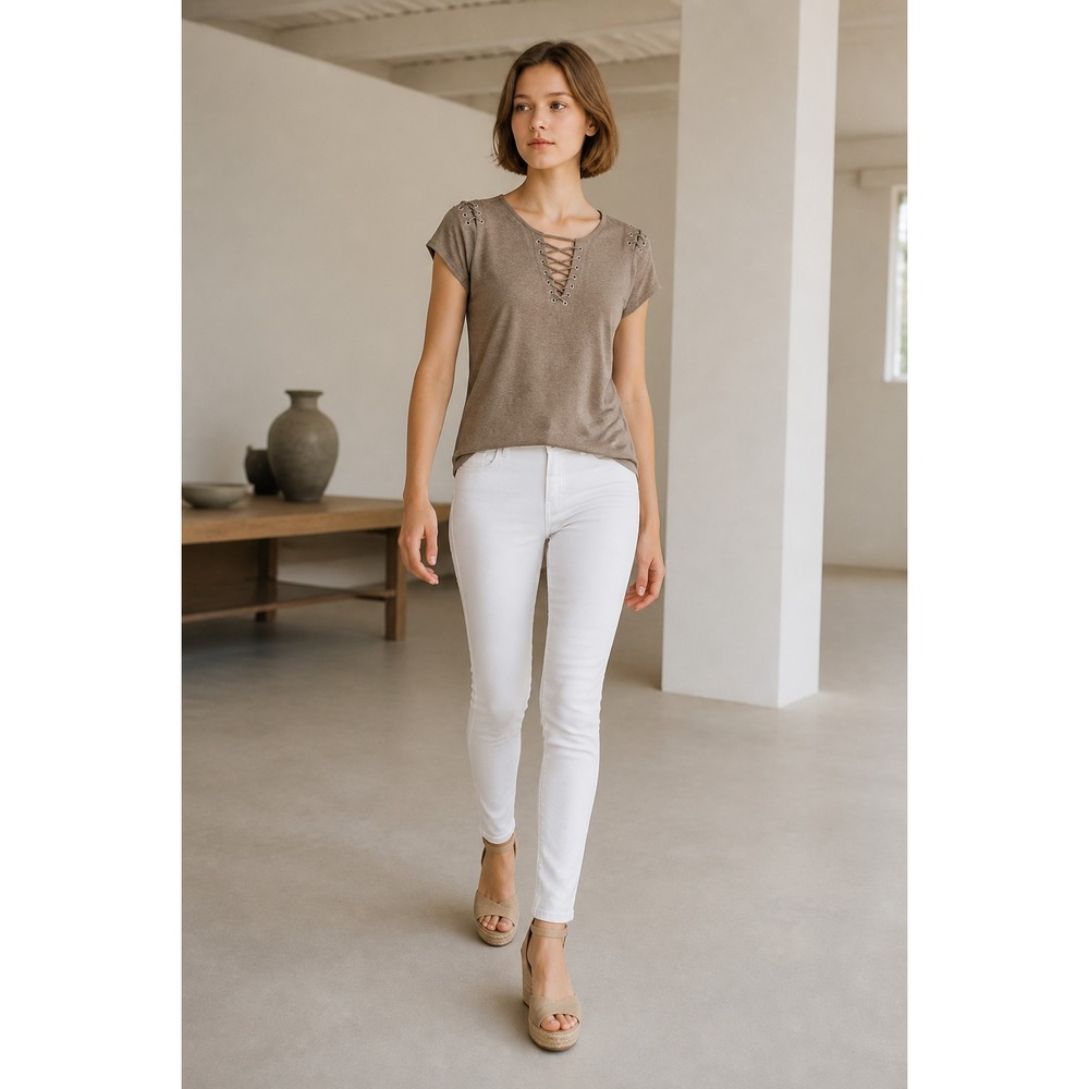 Generation Love Olive Green 100% Linen Lace Up Grommet V-Neck Knit Top S $198